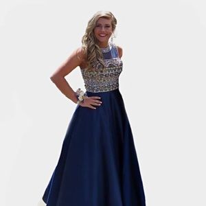 Rachel Allan Navy Beaded Prom Dress with POCKETS